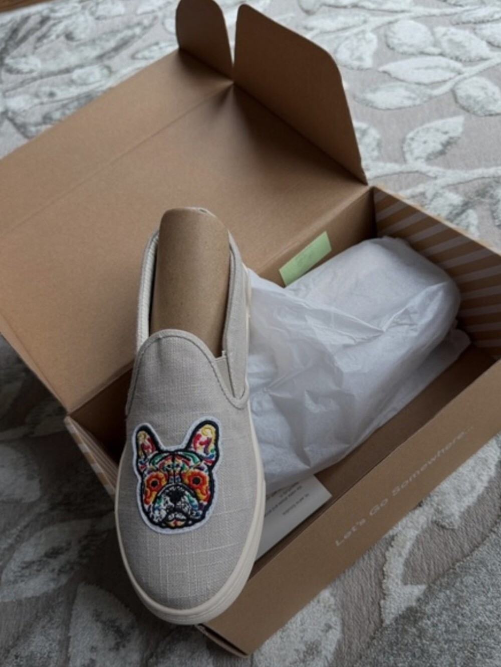 Soludos Beige Slip-On Sneakers with Multicolor Embroidered French Bulldog
